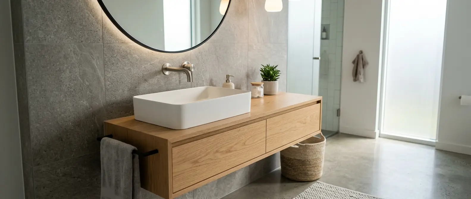 Ahşap banyo dolabı üzerinde modern lavabo ve batarya